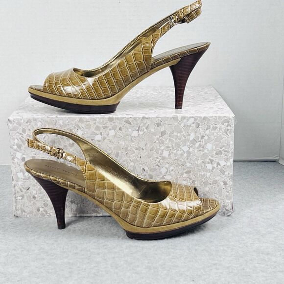 Nine West Sharina Heels Womens 8M Gold Croc Slingback Peep Toe Platform Dress - Picture 2 of 12